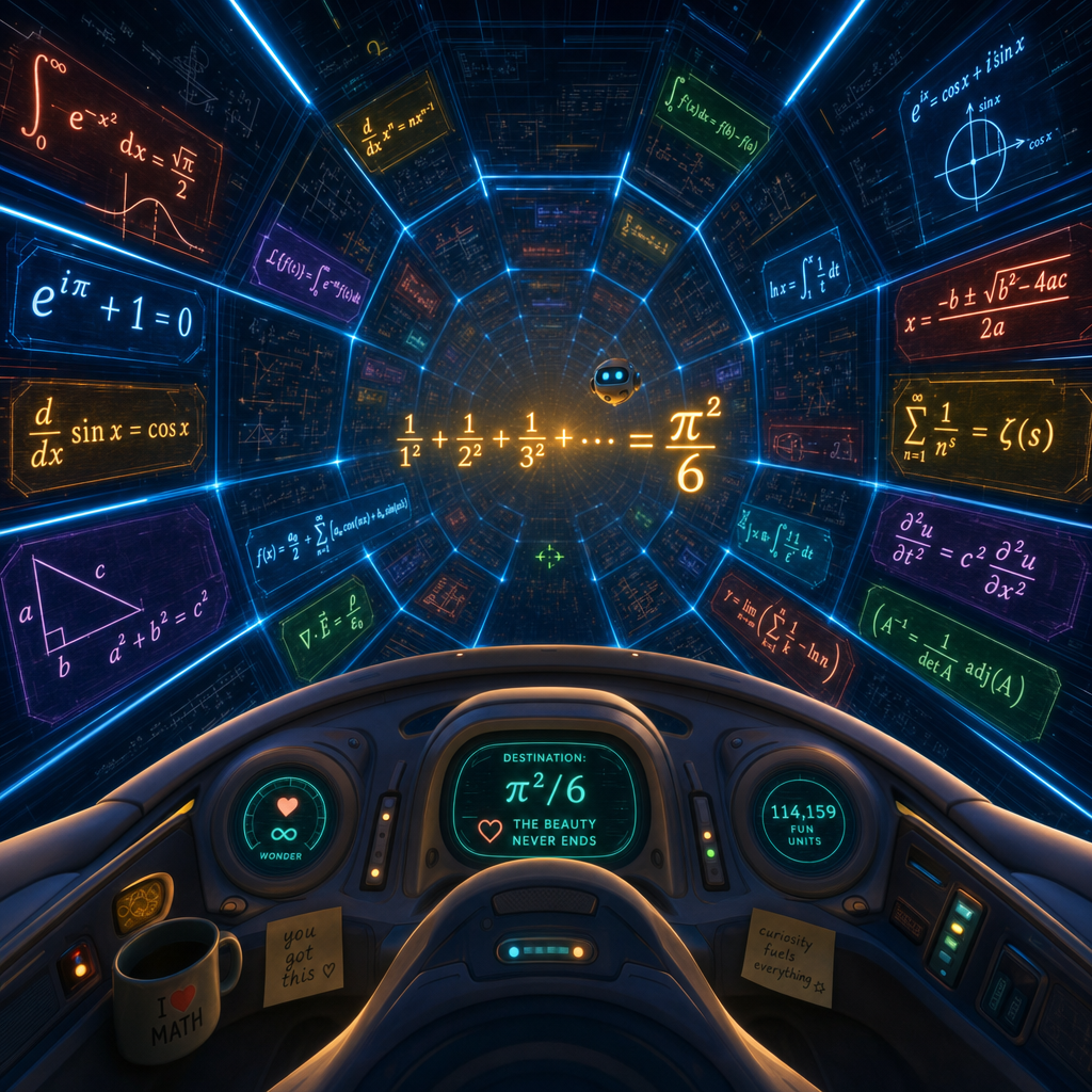Descent QED hero art — the cockpit of a friendly little ship diving down a glowing octagonal tunnel built from mathematical equations, with the Basel formula pi-squared-over-six shining at the center