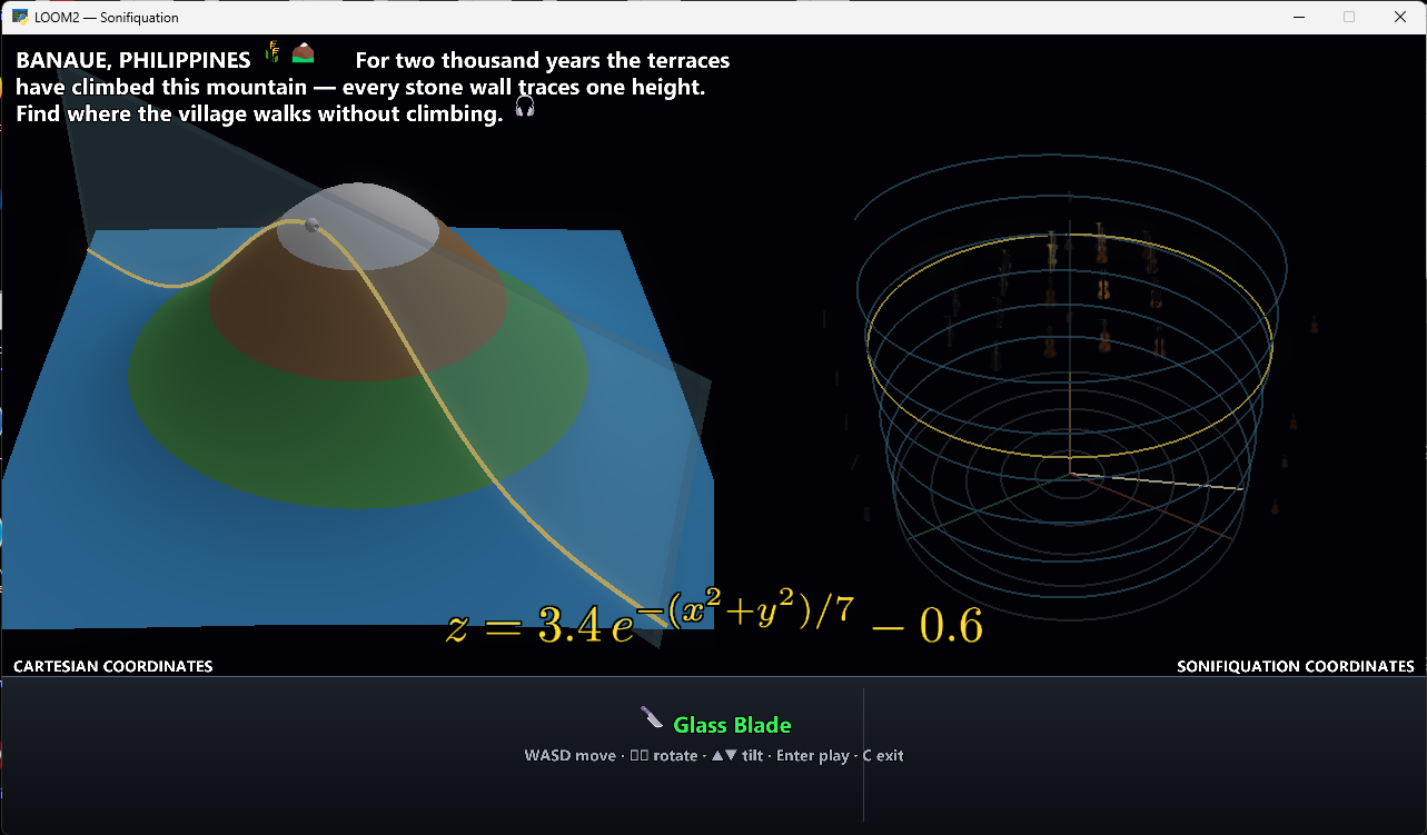 LOOM2 — a peak on the terrain surface, the helix panel alive with instrument icons
