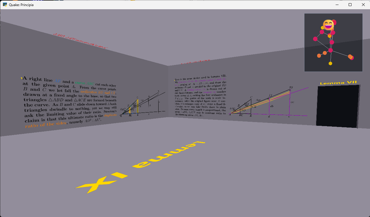 Quake: Principia — blood-red equations bleeding across the ceiling after a clear