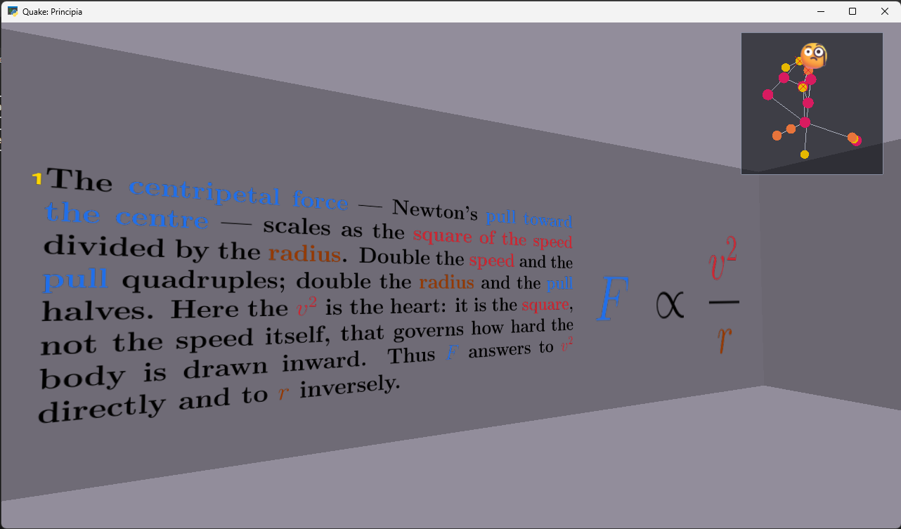 Quake: Principia — an equation-as-figure panel with matching colored terms